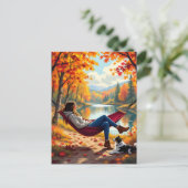 Carte Postale Jolie scène d'automne avec femme et chien (Debout devant)