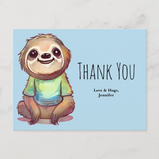 Carte Postale Jolie Sloth portant un Merci de chemise (Devant)