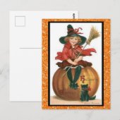 Carte Postale Jolie sorcière assise sur un Citrouille avec chat  (Devant / Derrière)