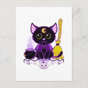 Carte Postale Jolie sorcière de chat noir d'Halloween