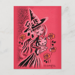 Carte Postale Jolie sorcière d'Halloween avec chaton