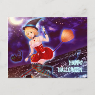 Carte Postale Jolie sorcière d'Halloween avec des chats de compa