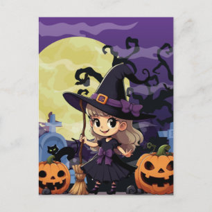 Carte Postale Jolie sorcière d'Halloween d'anime