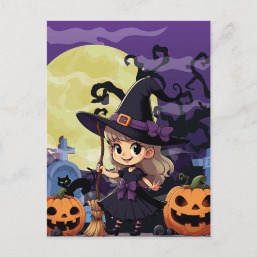 Carte Postale Jolie sorcière d'Halloween d'anime (Devant)