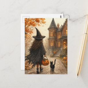 Carte Postale Jolie sorcière d'Halloween et chat noir