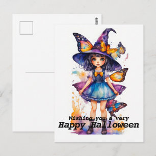 Carte Postale Jolie sorcière d'Halloween et papillons