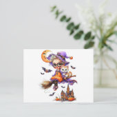 Carte Postale Jolie sorcière et chaton dans une chambre (Debout devant)