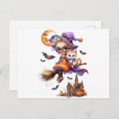 Carte Postale Jolie sorcière et chaton dans une chambre (Devant / Derrière)