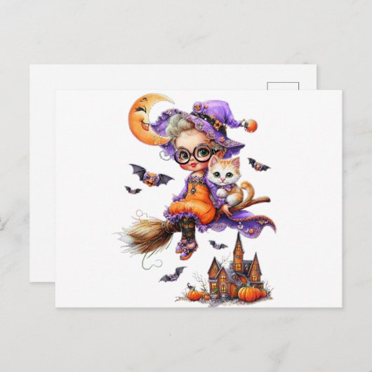 Carte Postale Jolie sorcière et chaton dans une chambre (Devant / Derrière)