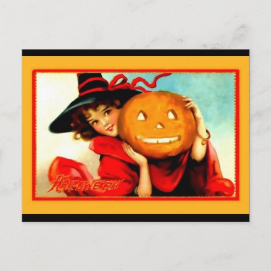 Carte Postale Jolie sorcière Halloween avec Jack O'Lantern Vinta (Devant)