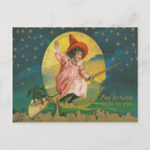 Carte Postale Jolie Sorcière Volante Pleine lune Chat Noir (Devant)