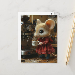 Carte Postale Jolie Souris Brune Fait du Café