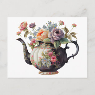 Carte Postale Jolie théière à l'aquarelle, fleurs, tasses à thé