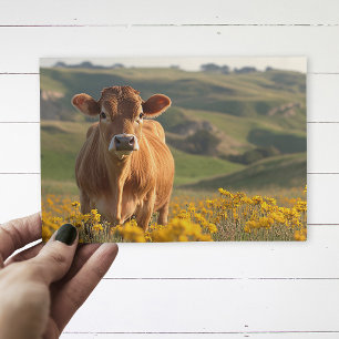 Carte Postale Jolie vache laitière Jaune Fleurs sauvages