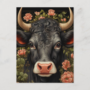Carte Postale Jolie vache noire dans les fleurs