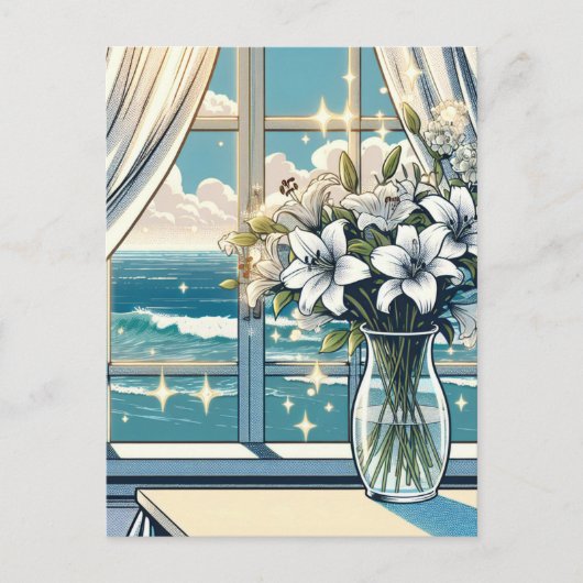 Carte Postale Jolie vue sur l'océan et vase de fleurs (Devant)