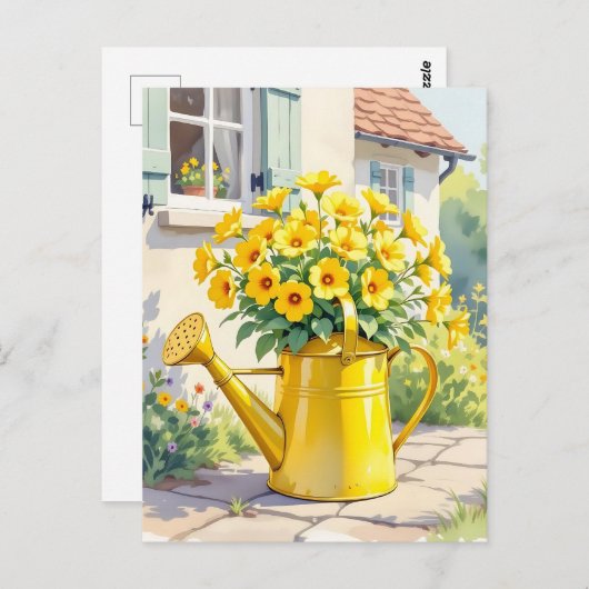 Carte Postale Jolies Fleurs Jaunes dans un Arrosoir (Devant / Derrière)