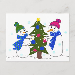 Carte Postale Jolis bonshommes de neige décorant un arbre