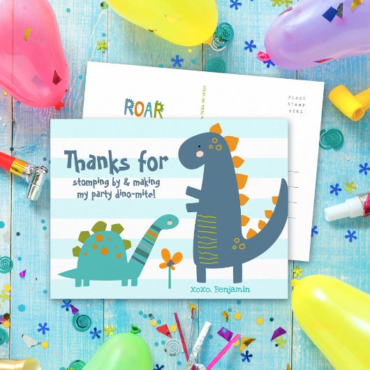 Carte Postale Jolis Dinosaures Bleus Kawaii Garçon Anniversaire 