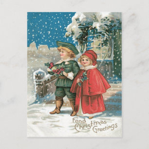 Carte Postale Jolis enfants Cottage de houx enneigé