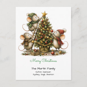 Carte Postale Jolis Souris Décorant Arbre Joyeux Noël Vert