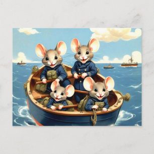 Carte Postale Jolis Souris Navy dans un Bateau