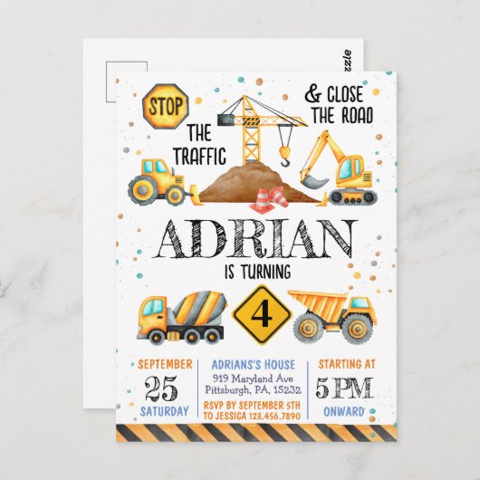 Carte Postale Jolis véhicules de construction d'anniversaire à l (Devant / Derrière)