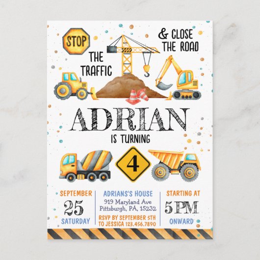 Carte Postale Jolis véhicules de construction d'anniversaire à l (Devant)