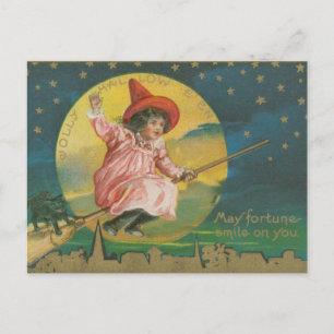 Carte Postale Jolly Halloween Sorcière rose sur Broom Vintage