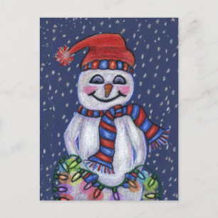 Carte Postale Jolly Snowman Casquette Écarf Avec Lumières De Noë