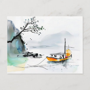 Carte Postale Jonque Chinoise Naviguant sur des Eaux Tranquilles