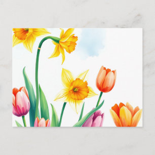 Carte Postale Jonquilles et tulipes aquarelles vibrantes