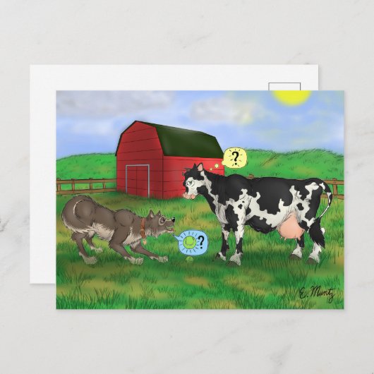 Carte Postale "Joue ?" - chien et vache (Devant / Derrière)