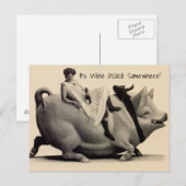 Carte Postale Jouer amusant dame cochon c'est du vin o'clock que (Devant / Derrière)