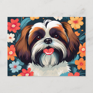 Carte Postale Jouer Shih Tzu Et Fleurs Champ