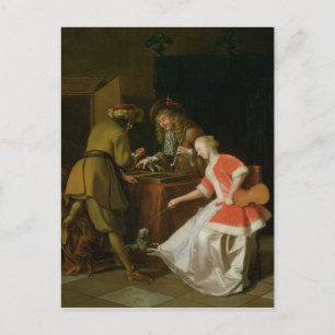Carte Postale Joueurs de Tric-Trac avec une dame et son chien