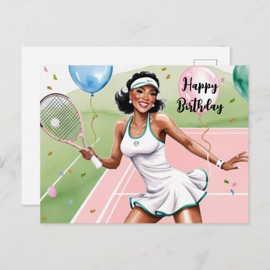 Carte Postale Joueuse de tennis avec un joli mot d'anniversaire (Devant / Derrière)