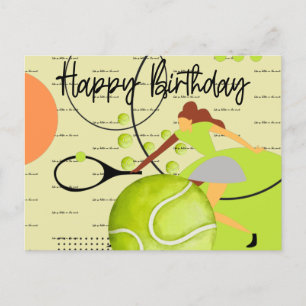 Carte Postale Joueuse de tennis jouant Happy Birthday sur fond j