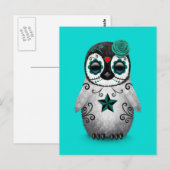 Carte Postale Jour bleu de la mort crâne de sucre Penguin (Devant / Derrière)