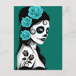 Carte Postale Jour de la fille crâne de sucre mort - bleu Turquo