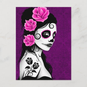 Carte Postale Jour de la fille crâne de sucre mort - violet
