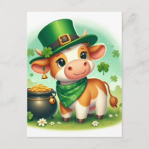 Carte Postale Jour de la Saint-Patrick mignon vache marron et bl