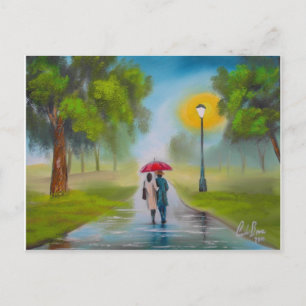 CARTE POSTALE JOUR DE PLUIE COUPLE UMBRELLA PEINTURE
