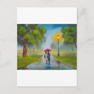 CARTE POSTALE JOUR DE PLUIE COUPLE UMBRELLA PEINTURE