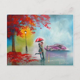 CARTE POSTALE JOUR DE PLUIE ROUGE PARAPLULE ROMANTIQUE COUPLE