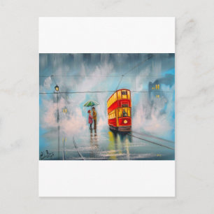 Carte Postale JOUR DE PLUIE UMBRELLA RED TRAM couple romantique