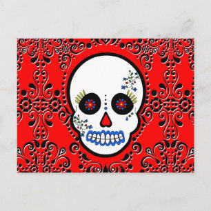 Carte Postale Jour du crâne de sucre mort - blanc et rouge