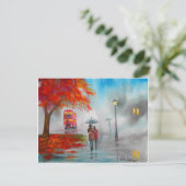 Carte Postale Jour pluvieux automne rouge bus peinture parapluie (Debout devant)