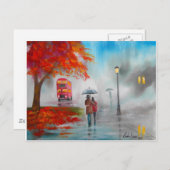 Carte Postale Jour pluvieux automne rouge bus peinture parapluie (Devant / Derrière)