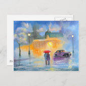 Carte Postale Jour pluvieux rouge parapluie romantique couple ma (Devant / Derrière)